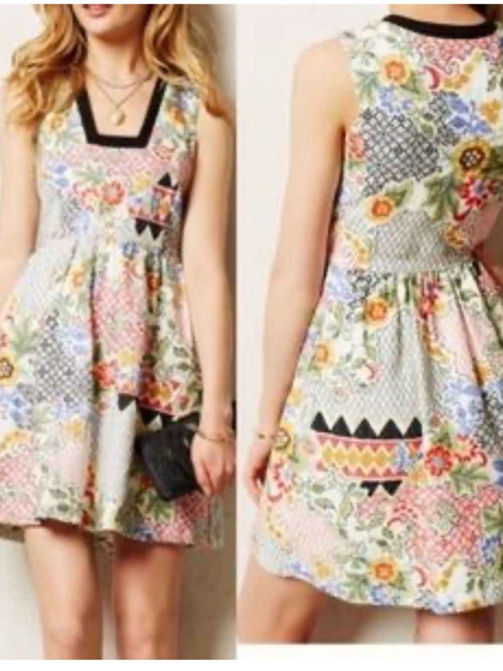 Line and Dot: Floral Patchwork Sleeveless Summer Dress - Multicolor